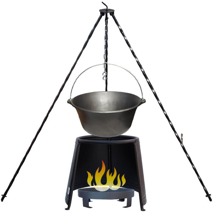 Liatinový kotlík 10,8 L + chránič plameňa 37 cm + ohnisko 36 cm + trojnožka 1,2 m