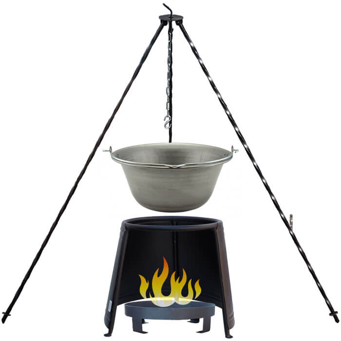 Železný kotlík 14 L (0,75 mm) + chránič plameňa 37 cm + ohnisko 36 cm + trojnožka 1,2 m