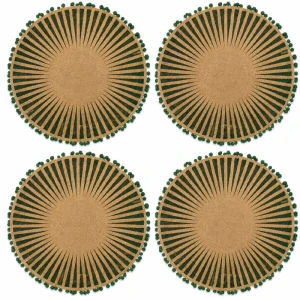 Okrúhle jutové podložky pod tanier zelené s pompónmi 37 cm, 4 ks