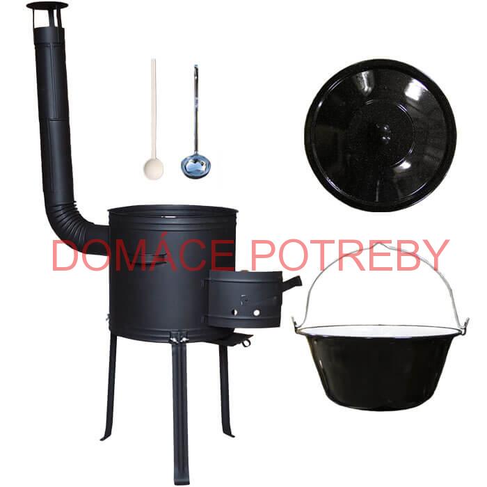 Smaltovaný kotlík 25 L (1,2 mm) + kovová kotlina s vysokými nožičkami 42 cm + vareška a naberačka