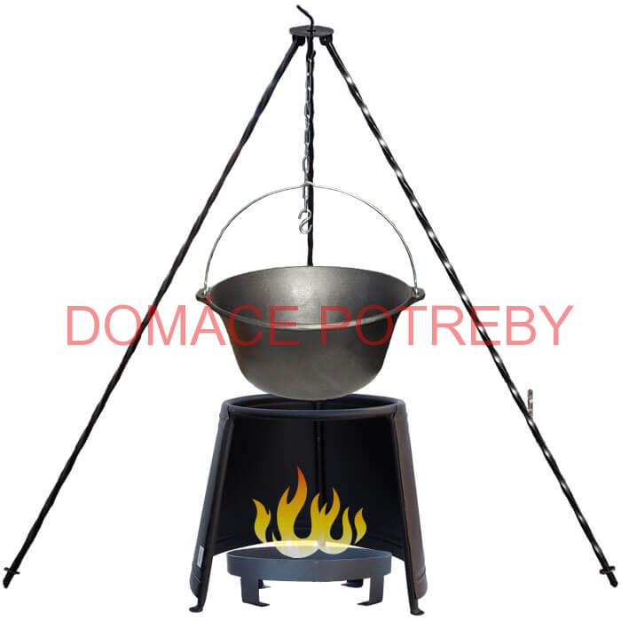 Liatinový kotlík 7,2 L + chránič plameňa 32 cm + ohnisko 36 cm + trojnožka 1,2 m