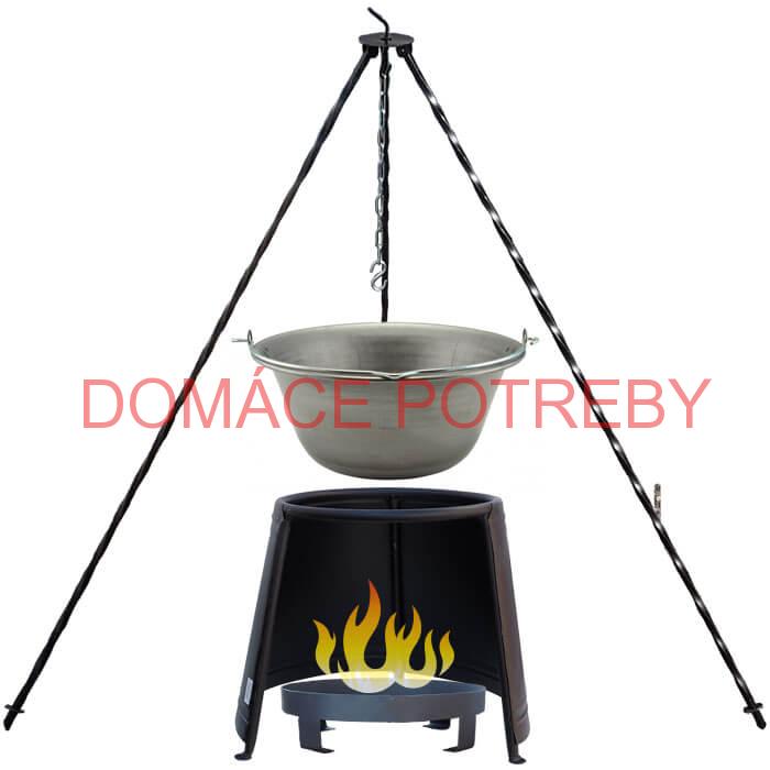 Železný kotlík 14 L (0,75 mm) + chránič plameňa 37 cm + ohnisko 36 cm + trojnožka 1,2 m