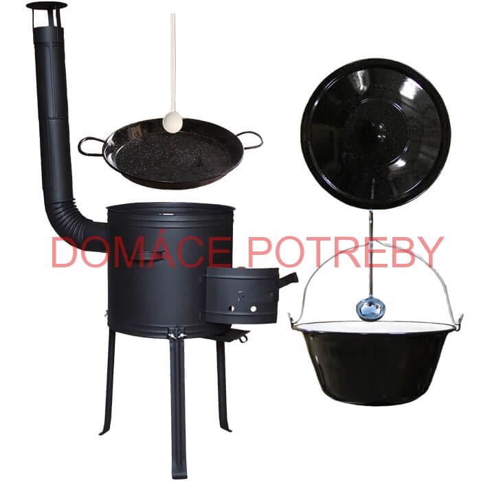 Smaltovaný kotlík 20 L + Paella panvica 46 cm + kovová kotlina s vysokými nožičkami 42 cm, žiaruvzdorná farba Plus 700