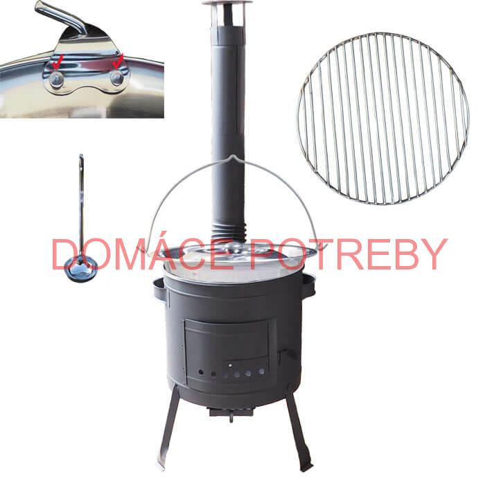 Nerezový kotlík 20 L (0,8 mm) s nitmi INOX + Nerezový rošt 45 cm + nízka žiaruvzdorná kotlina 42 cm PLUS 600
