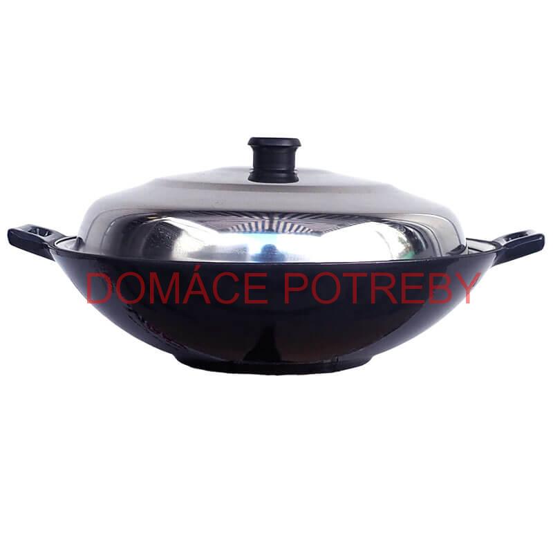 Liatinový wok – smaltovaný povrch 37 cm + nerezová pokrievka