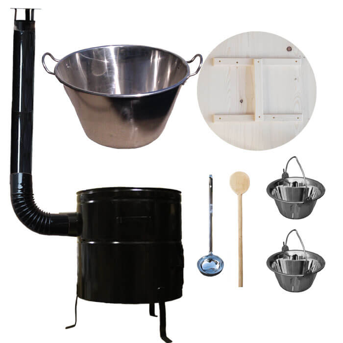 Zabíjačkový nerezový kotol 100 L, kovová kotlina 60 cm, smaltovaná pokrievka + 2 servírovacie antikorové kotlíky