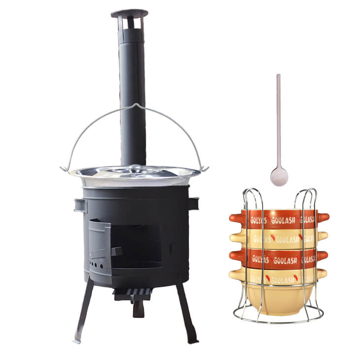 Nerezový kotlík 22 L (0,8 mm) INOX + misky na guláš 4 ks + nízka žiaruvzdorná kotlina 42 PLUS 600