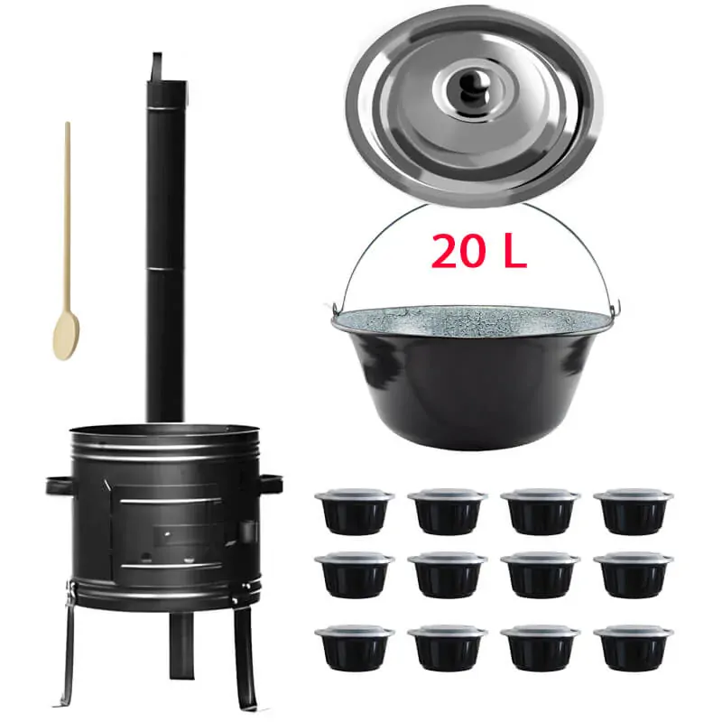 Smaltovaný kotlík 20 L (0,8 mm) + kovová kotlina 42 KOV + vareška + misky 12 ks