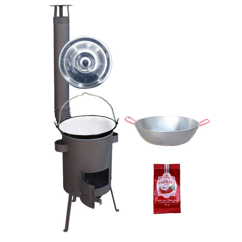 Smaltovaný kotlík 22 L + Panvica PAELLA (WOK) 45 cm + sladká paprika 50 g + žiaruvzdorná kotlina 42 PLUS 600 s roštom na popol 4 mm