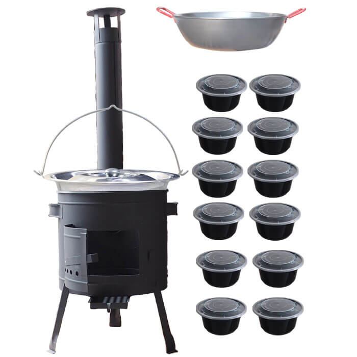 Nerezový kotlík 22 L (0,8 mm) INOX + Panvica PAELLA (WOK) 45 cm + misky 12 ks + nízka kotlina 42 PLUS 600