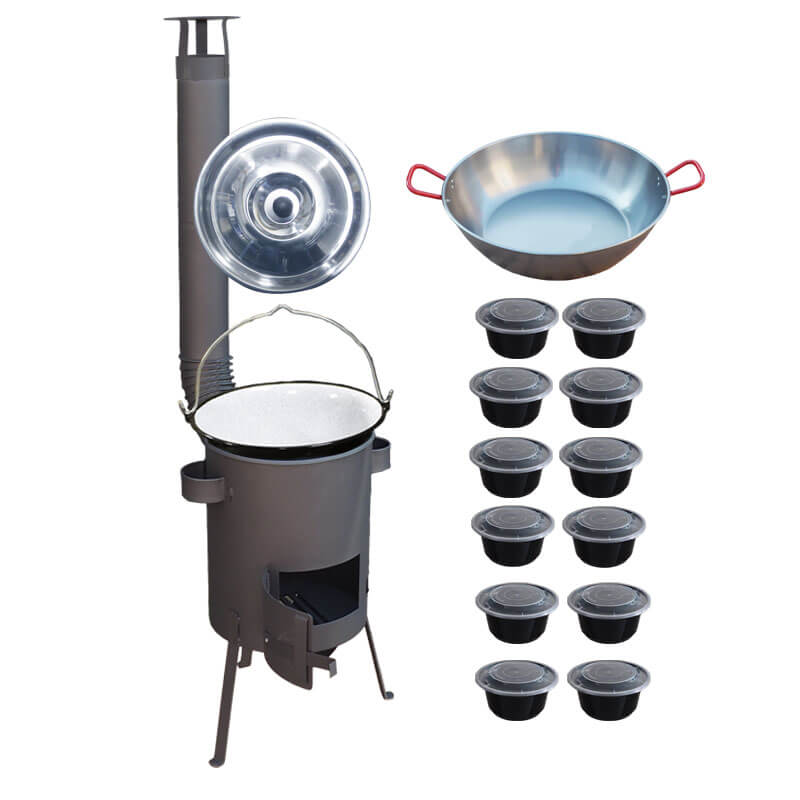 Smaltovaný kotlík 22 L + Panvica PAELLA (WOK) 45 cm + misky 12 ks + žiaruvzdorná kotlina 42 PLUS 600 s roštom na popol 4 mm