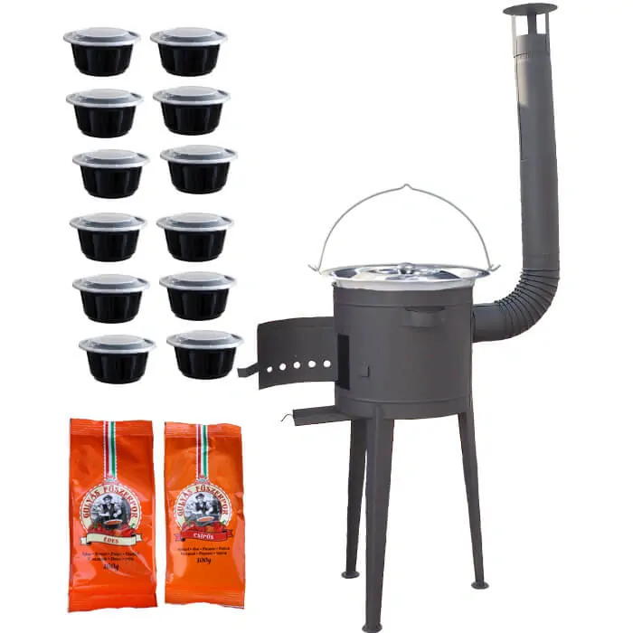 Nerezový kotlík 22 L (0,8 mm) INOX + vysoká žiaruvzdorná kotlina (1,5 mm) HODO 42 cm PLUS 600 + misky 12 ks + 2 x korenie na guláš 100 g