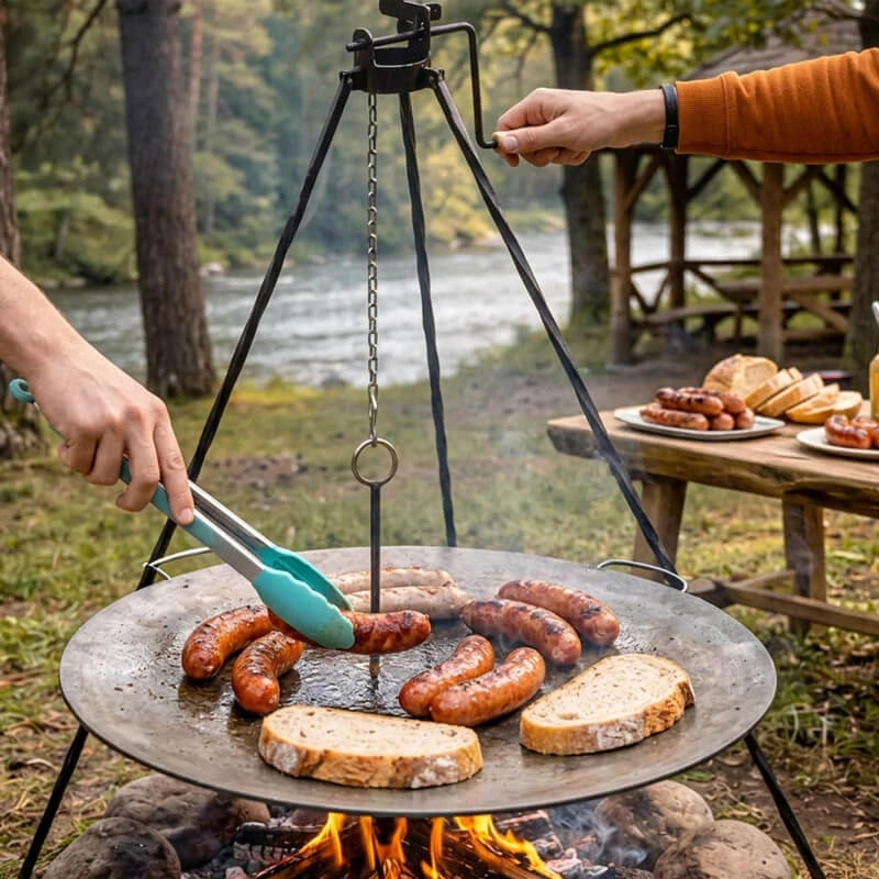 Grilovacia súprava CLASSIC STEEL PRO: Trojnožka 1,2 m s kladkou + Železná panvica 49 cm