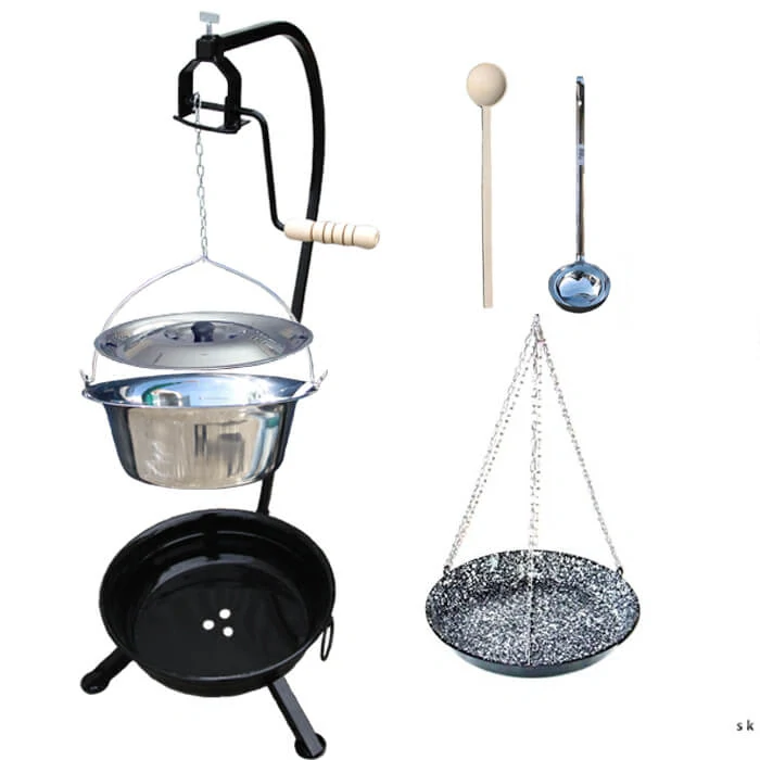 Nerezový kotlík 22 L (0,8 mm) INOX + smaltovaná panvica + ohnisko so stojanom a s poistnou kladkou VAR