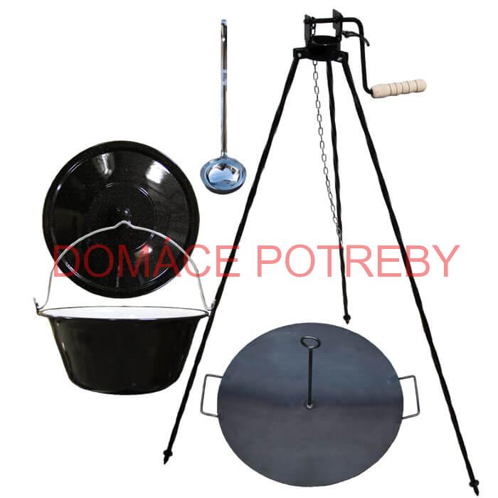 Smaltovaný kotlík 20 L (1,2 mm) + panvica na grilovanie a stojan s kladkou VAR