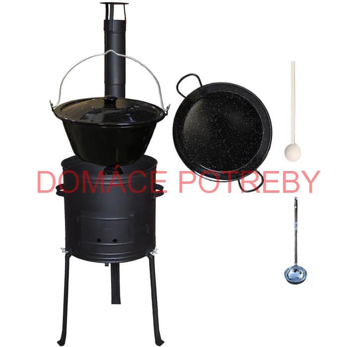 Smaltovaný kotlík 20 L + Paella panvica 46 cm + kovová kotlina s vysokými nožičkami 42 cm, žiaruvzdorná farba Plus 700