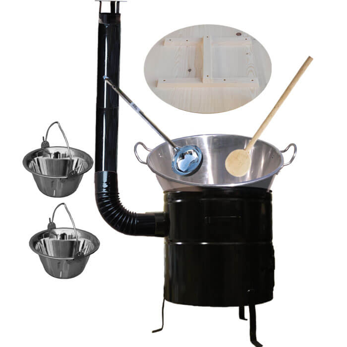 Zabíjačkový nerezový kotol 100 L, kovová kotlina 60 cm, smaltovaná pokrievka + 2 servírovacie antikorové kotlíky