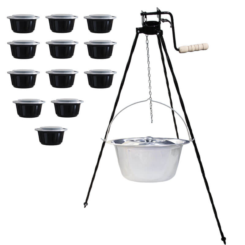 Nerezový kotlík 14 L (0,8 mm) INOX+ stojan s kladkou VAR + misky 12 ks