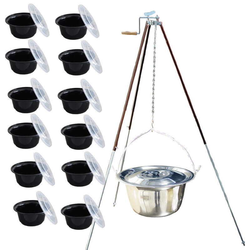 Antikorový kotlík 20 L (1,2 mm) + teleskopická trojnožka s poistnou kladkou + misky 12 ks