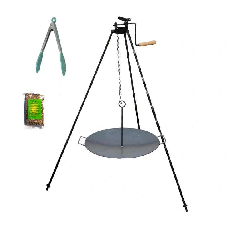Grilovacia súprava CLASSIC STEEL PRO: Trojnožka 1,2 m s kladkou + Železná panvica 49 cm