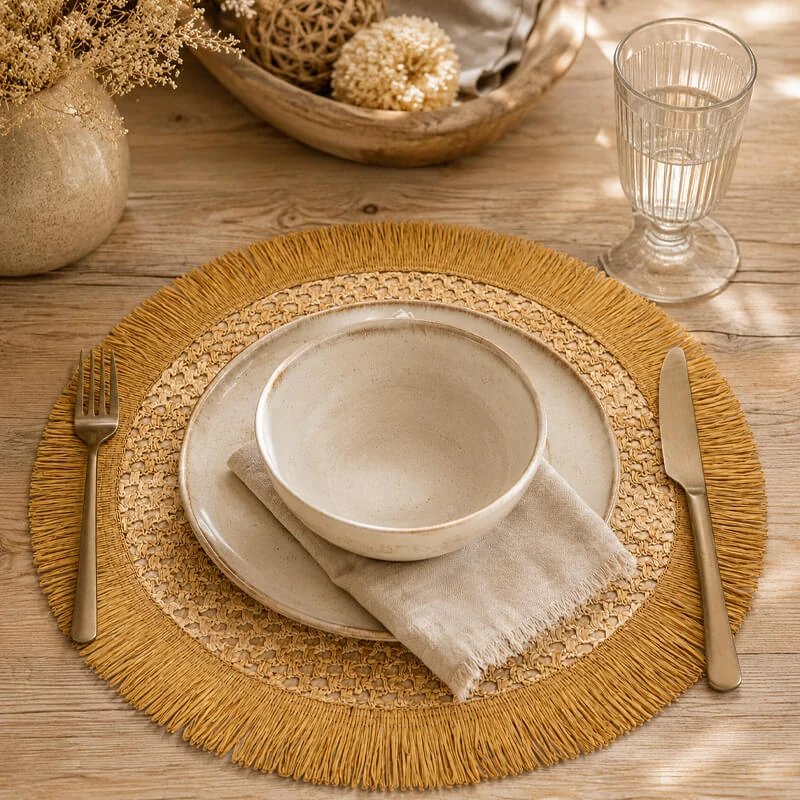 Okrúhla prírodná podložka pod tanier so strapcami 37 cm