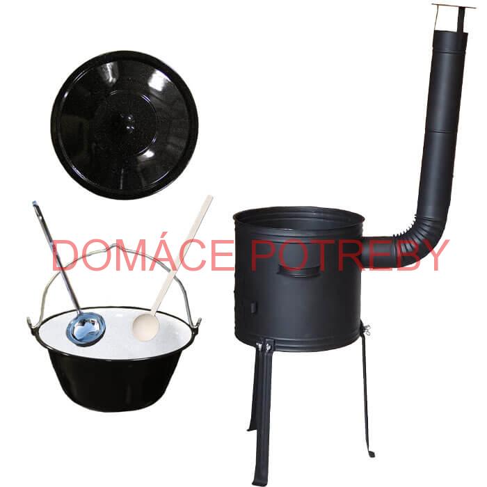 Smaltovaný kotlík 25 L (1,2 mm) + kovová kotlina s vysokými nožičkami 42 cm + vareška a naberačka