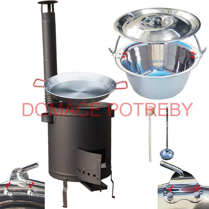 Nerezový kotlík 15 L (0,8 mm) zosilnený s nitmi + Paella panvica 38 cm + hrubostenná (1,5 mm) žiaruvzdorná kotlina 36 PLUS 600