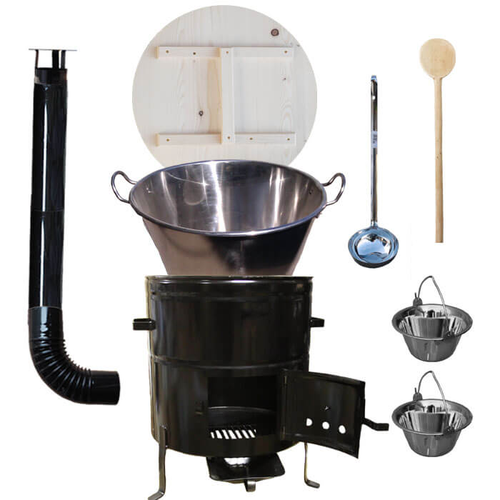 Zabíjačkový nerezový kotol 100 L, kovová kotlina 60 cm, smaltovaná pokrievka + 2 servírovacie antikorové kotlíky