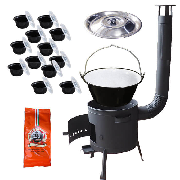 Smaltovaný kotlík 20 L (1,2 mm) + pokrievka + misky 12 ks + nízka žiaruvzdorná kotlina (0,8 mm) 42 PLUS 600