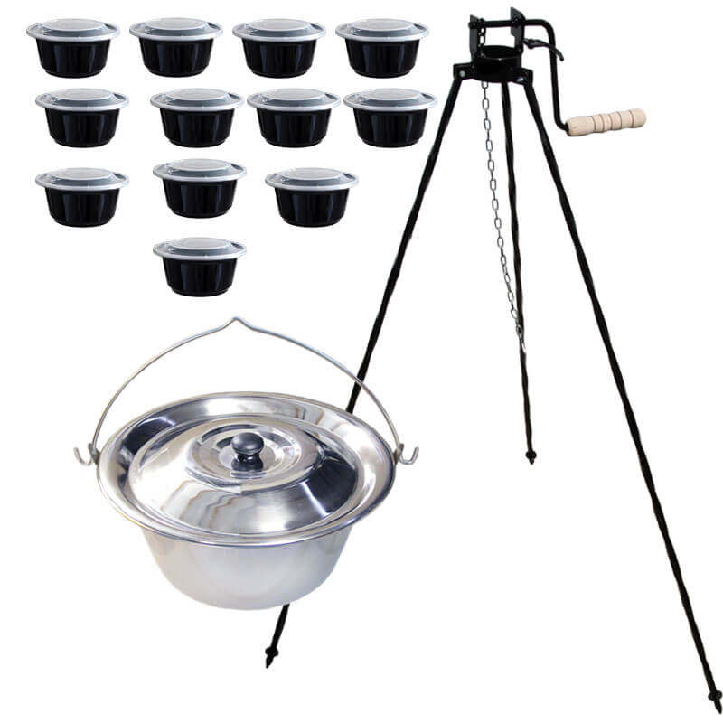 Nerezový kotlík 14 L (0,8 mm) INOX+ stojan s kladkou VAR + misky 12 ks