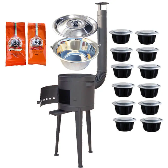 Nerezový kotlík 22 L (0,8 mm) INOX + vysoká žiaruvzdorná  kotlina 42 cm PLUS 600 + misky 12 ks + 2 x korenie na guláš 100 g