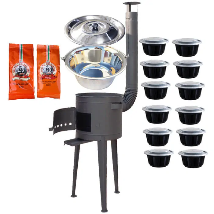 Nerezový kotlík 22 L (0,8 mm) INOX + vysoká žiaruvzdorná kotlina (1,5 mm) HODO 42 cm PLUS 600 + misky 12 ks + 2 x korenie na guláš 100 g