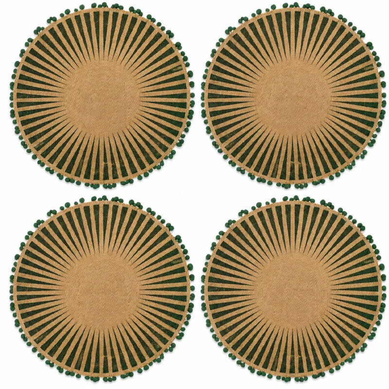 Okrúhle jutové podložky pod tanier zelené s pompónmi 37 cm, 4 ks