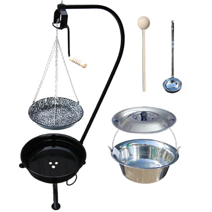 Nerezový kotlík 15 L (1,2 mm) INOX + smaltovaná panvica + ohnisko so stojanom a s poistnou kladkou VAR