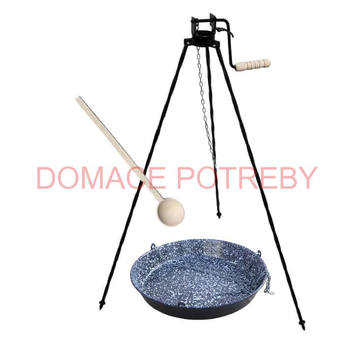 Smaltovaná panvica s retiazkou 42 cm + trojnožka s poistnou kladkou a vareška GRILL