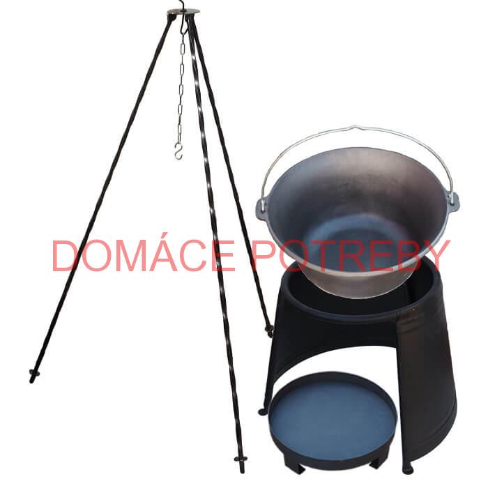 Liatinový kotlík 7,2 L + chránič plameňa 32 cm + ohnisko 36 cm + trojnožka 1,2 m