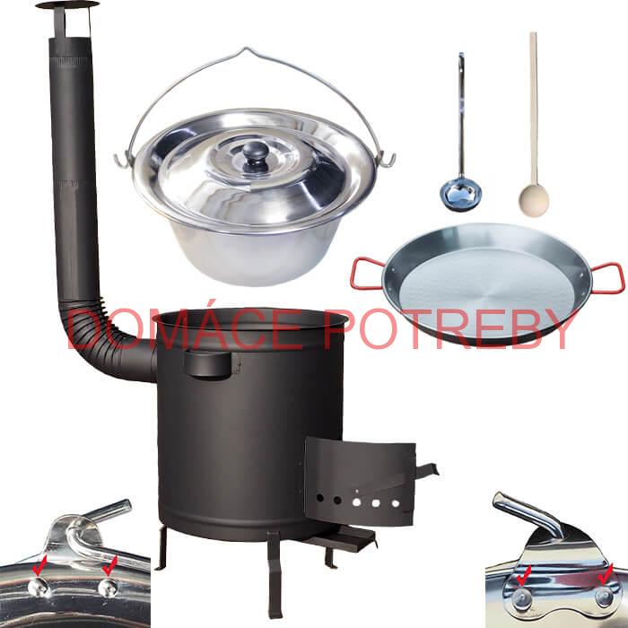 Nerezový kotlík 15 L (0,8 mm) zosilnený s nitmi + Paella panvica 38 cm + hrubostenná (1,5 mm) žiaruvzdorná kotlina 36 PLUS 600