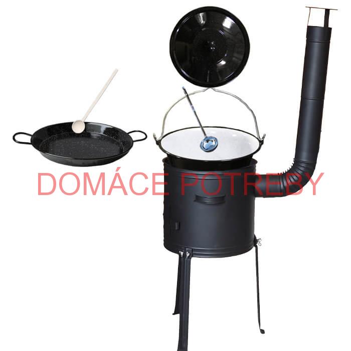 Smaltovaný kotlík 20 L + Paella panvica 46 cm + kovová kotlina s vysokými nožičkami 42 cm, žiaruvzdorná farba Plus 700
