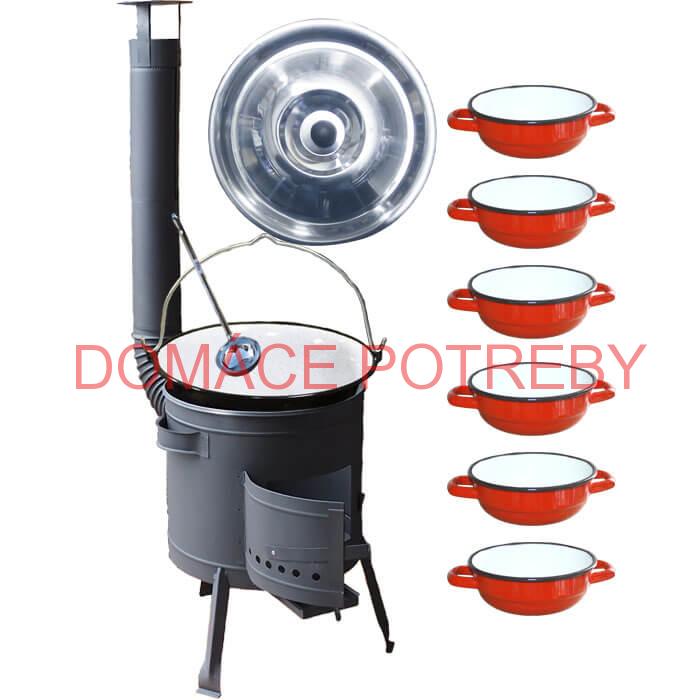 Smaltovaný kotlík 25 L + selské misky 6 ks + nízka žiaruvzdorná kotlina 42 cm PLUS 600