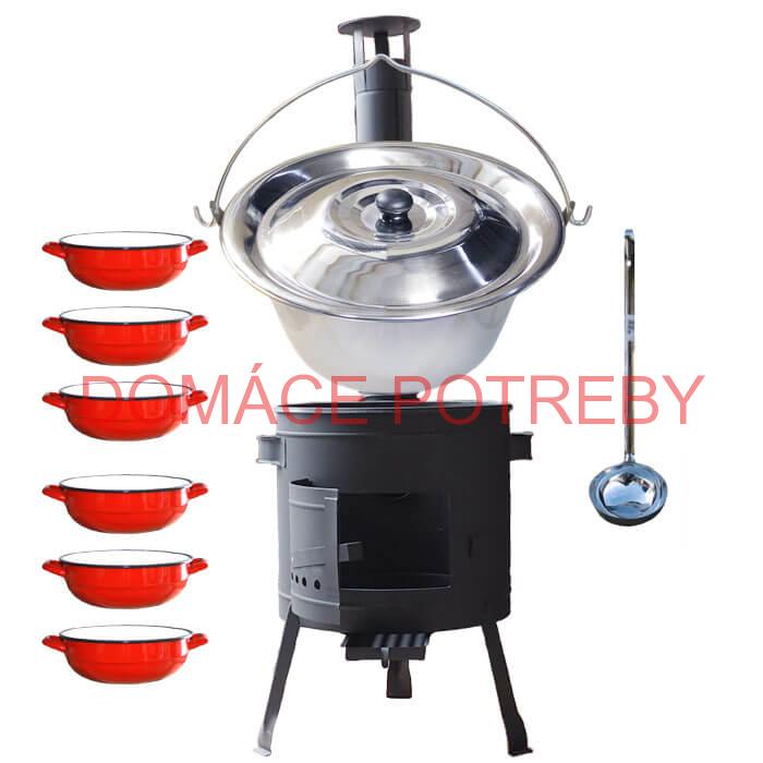 Nerezový kotlík 22 L (0,8 mm) INOX + selské misky 6 ks + nízka žiaruvzdorná kotlina 42 cm PLUS 600