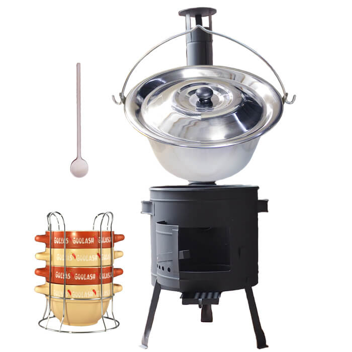 Nerezový kotlík 22 L (0,8 mm) INOX + misky na guláš 4 ks + nízka žiaruvzdorná kotlina 42 PLUS 600