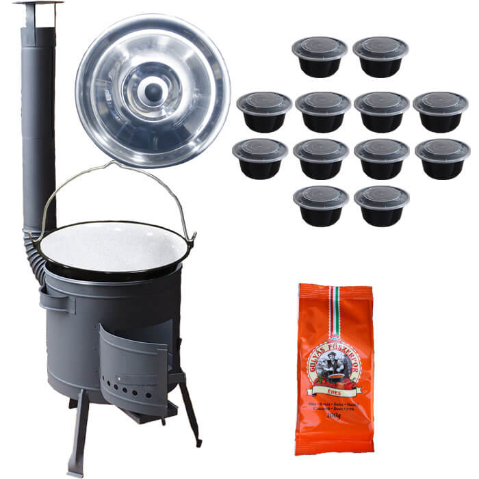 Smaltovaný kotlík 25 L (1,2 mm) + pokrievka + misky 12 ks + nízka žiaruvzdorná kotlina (0,8 mm) 42 PLUS 600