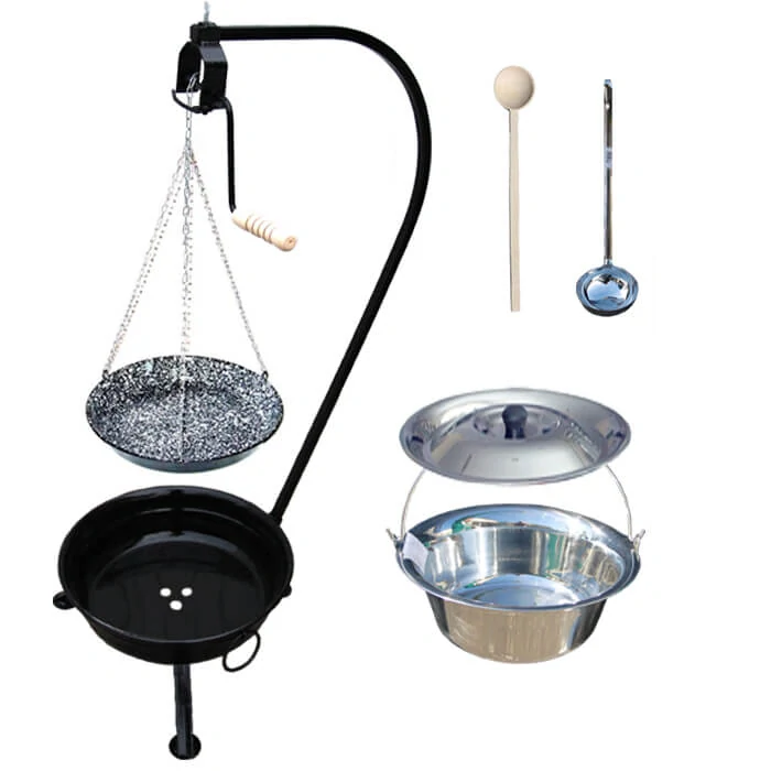 Nerezový kotlík 14 L (0,8 mm) INOX + smaltovaná panvica + ohnisko so stojanom a s poistnou kladkou VAR