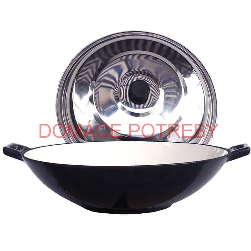 Liatinový wok – smaltovaný povrch 37 cm + nerezová pokrievka