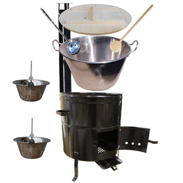 Zabíjačkový nerezový kotol 100 L, kovová kotlina 60 cm, smaltovaná pokrievka + 2 servírovacie antikorové kotlíky