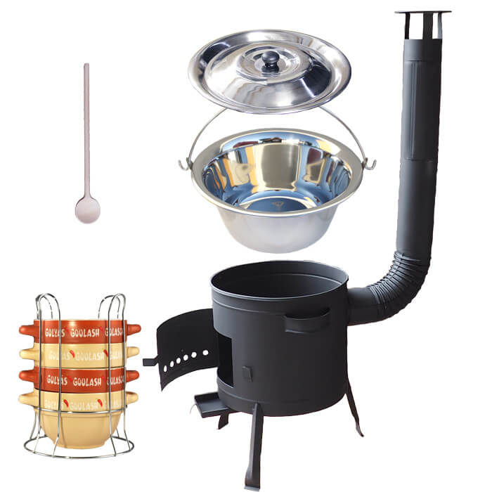 Nerezový kotlík 22 L (0,8 mm) INOX + misky na guláš 4 ks + nízka žiaruvzdorná kotlina 42 PLUS 600
