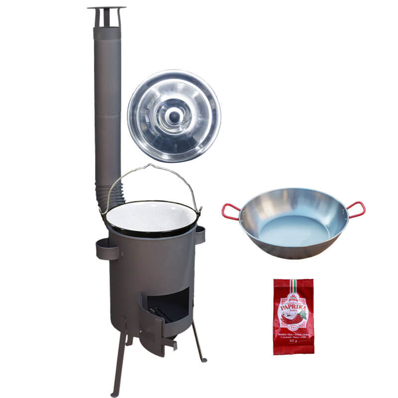 Smaltovaný kotlík 22 L + Panvica PAELLA (WOK) 45 cm + sladká paprika 50 g + žiaruvzdorná kotlina 42 PLUS 600 s roštom na popol 4 mm