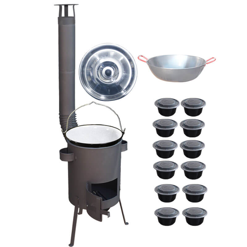 Smaltovaný kotlík 22 L + Panvica PAELLA (WOK) 45 cm + misky 12 ks + žiaruvzdorná kotlina 42 PLUS 600 s roštom na popol 4 mm