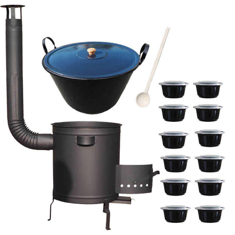 Smaltovaný kotol 60 L + hrubostenná kotlina 53 cm (1,5 mm) STRONG PLUS 600 + misky 12 ks