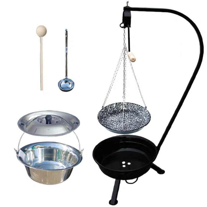 Nerezový kotlík 20 L (1,2 mm) INOX + smaltovaná panvica + ohnisko so stojanom a s poistnou kladkou VAR